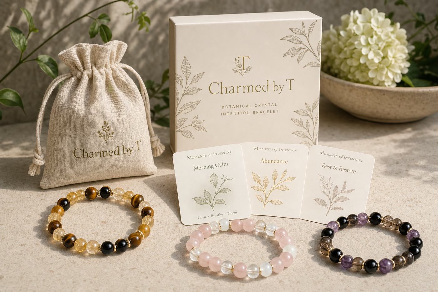 Three Charmed by T intention bracelets laid out with their botanical cards and pouch