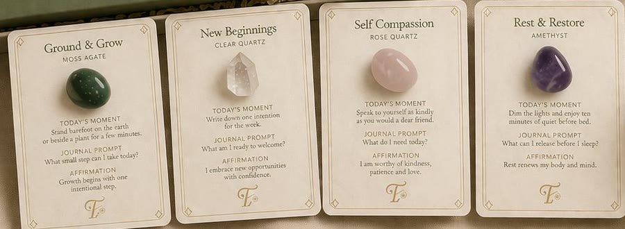 Four Charmed by T intention cards with today's moment, journal prompt and affirmation