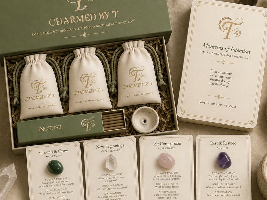 Sage green Moments of Intention gift box with three crystal pouches, grounding incense, ceramic holder and four intention cards