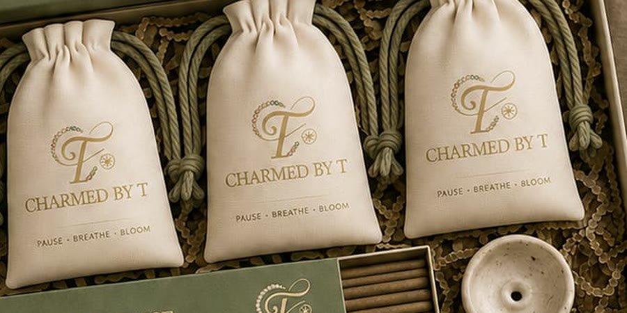 Three cream Charmed by T drawstring pouches with gold monogram beside grounding incense