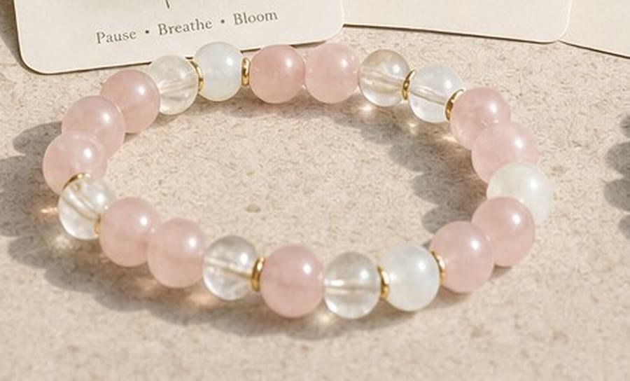 Self Compassion bracelet of rose quartz and clear quartz beads with gold spacers