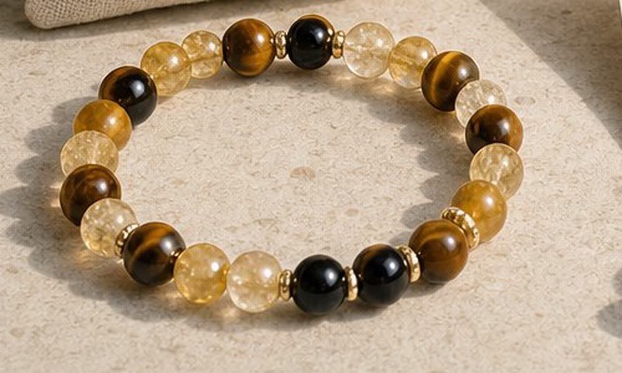 Morning Calm bracelet of tiger's eye, citrine and black onyx beads with gold spacers