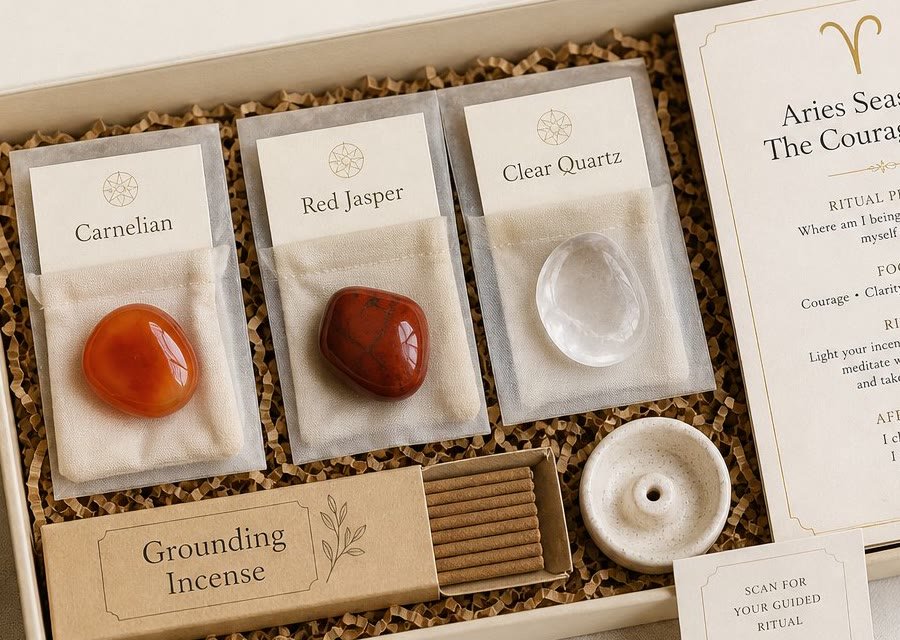 Aries Season Courage Reset box with carnelian, red jasper and clear quartz, grounding incense and a QR ritual card