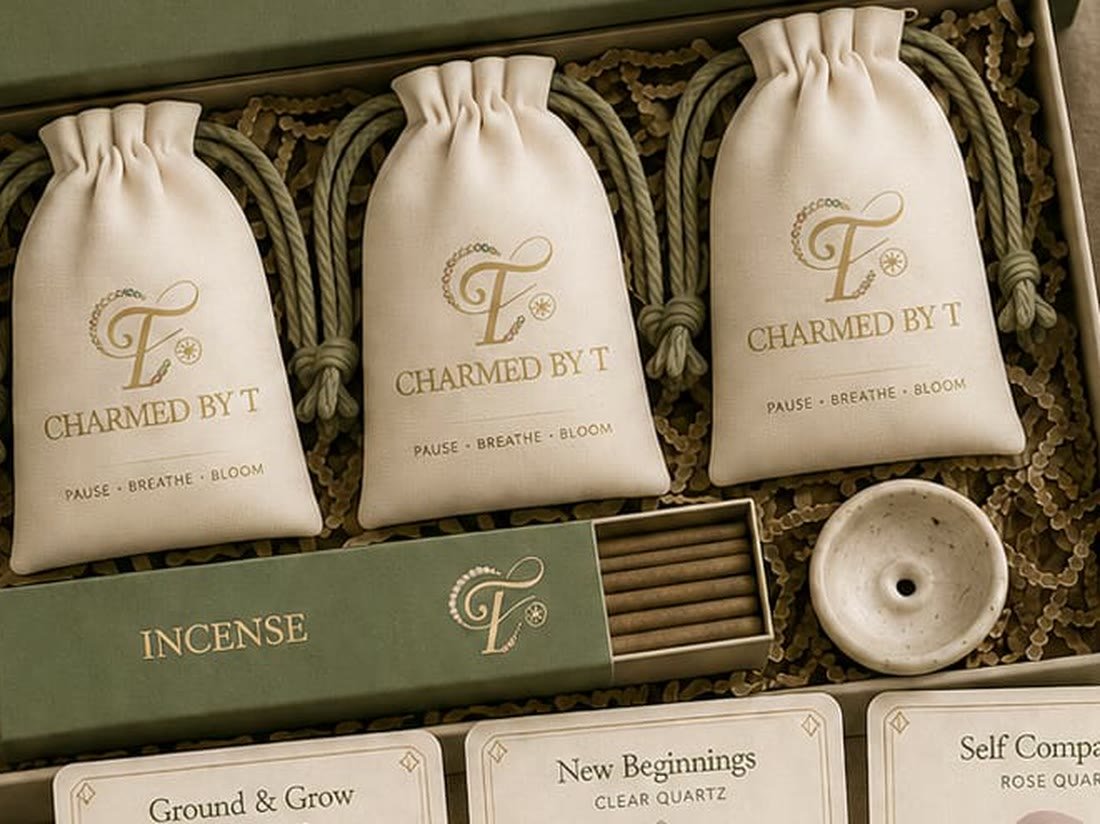 Close-up of three cream drawstring pouches printed with the gold Charmed by T monogram