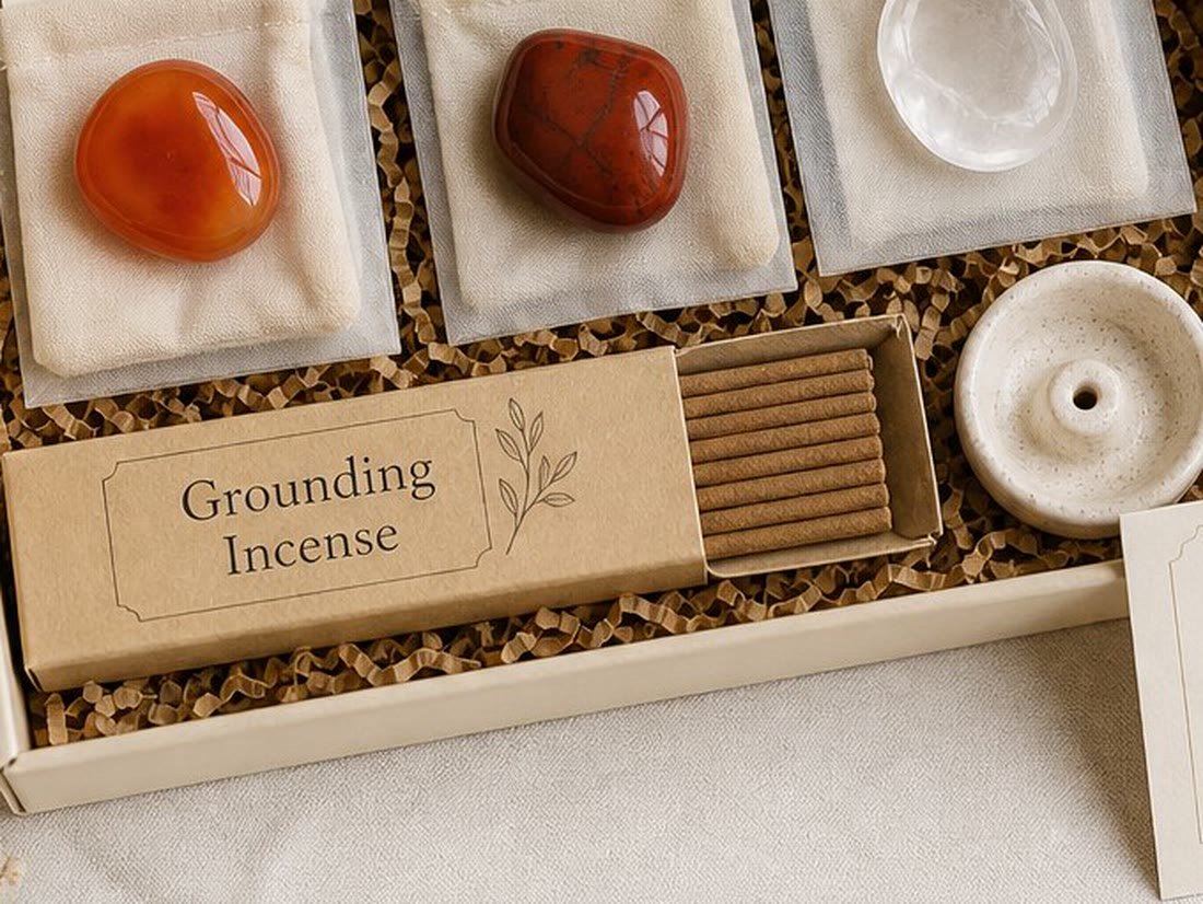 Grounding incense sticks and a speckled ceramic holder beside carnelian, red jasper and clear quartz