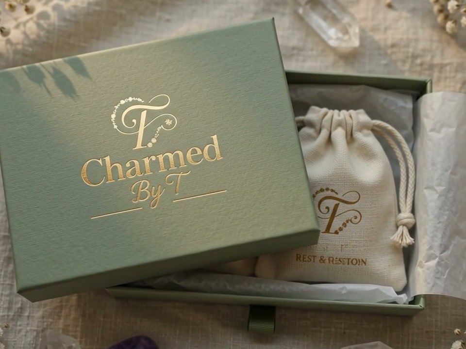 The closed sage green Charmed by T keepsake box with gold foil lettering beside a linen pouch